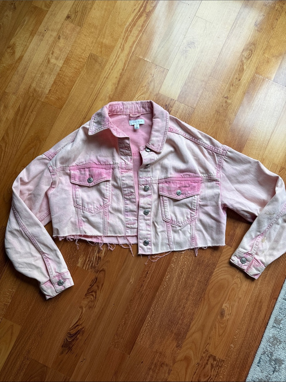 Topshop Pink Cropped Distressed Denim Jacket